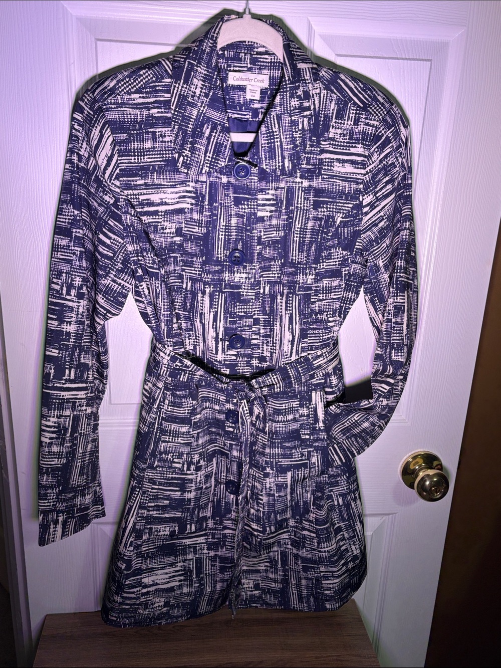 Coldwater Creek Navy and Cream Abstract Print Long-Sleeve Belted Trench Coat